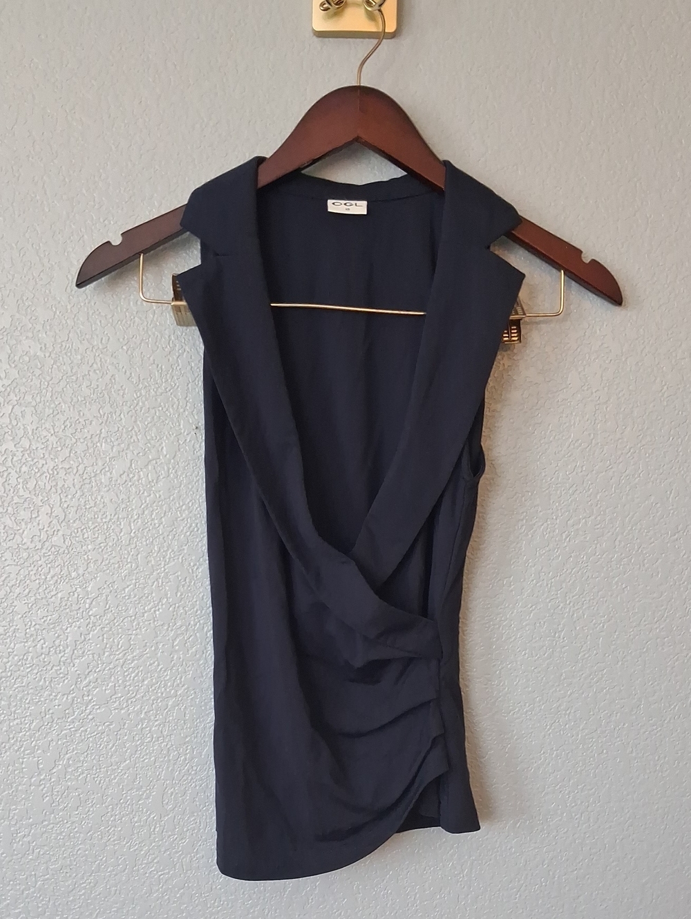 OGL Navy Sleeveless Draped Wrap-Front Tee Shirt